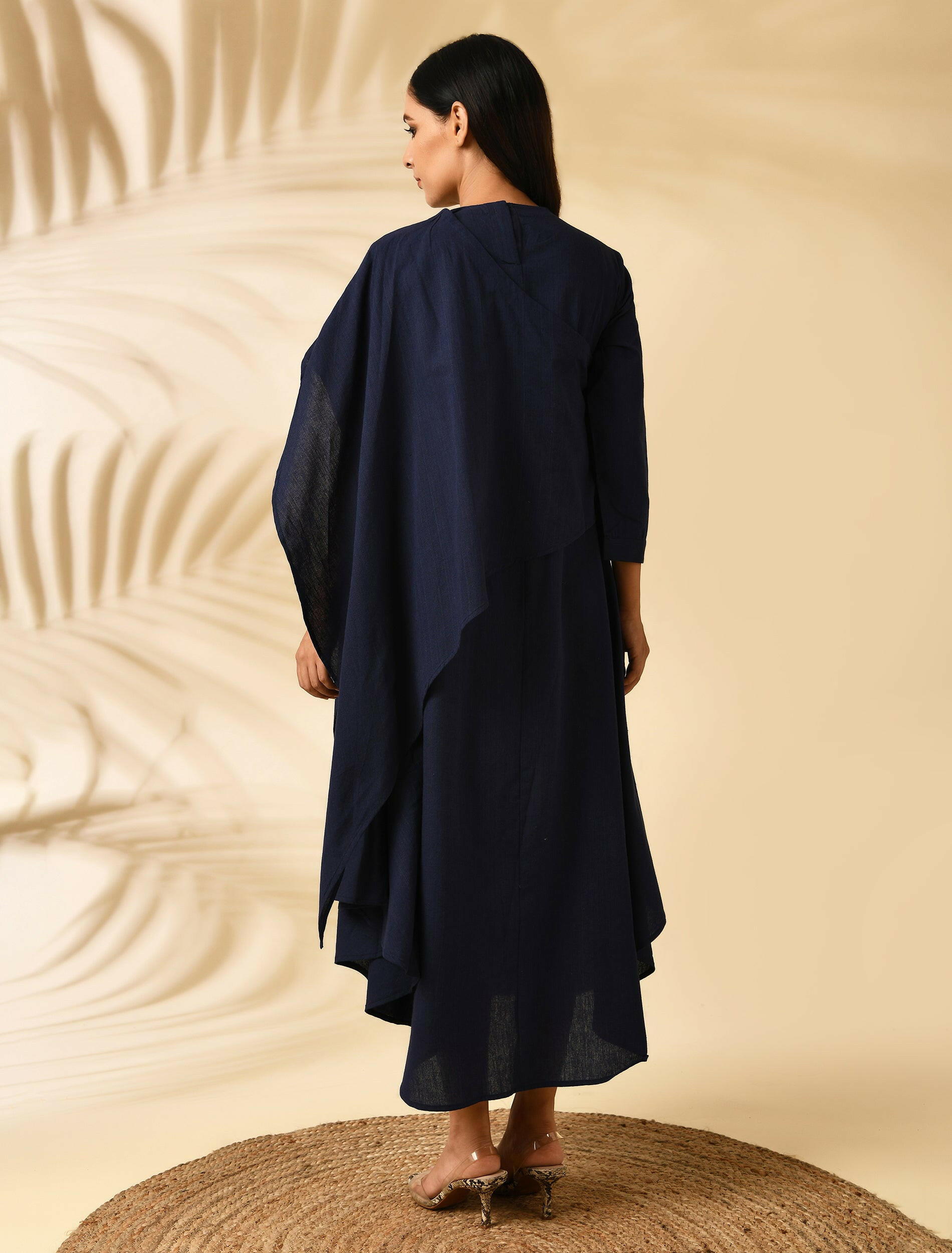 INDIGO CAPE DRESS (with bird motifs)