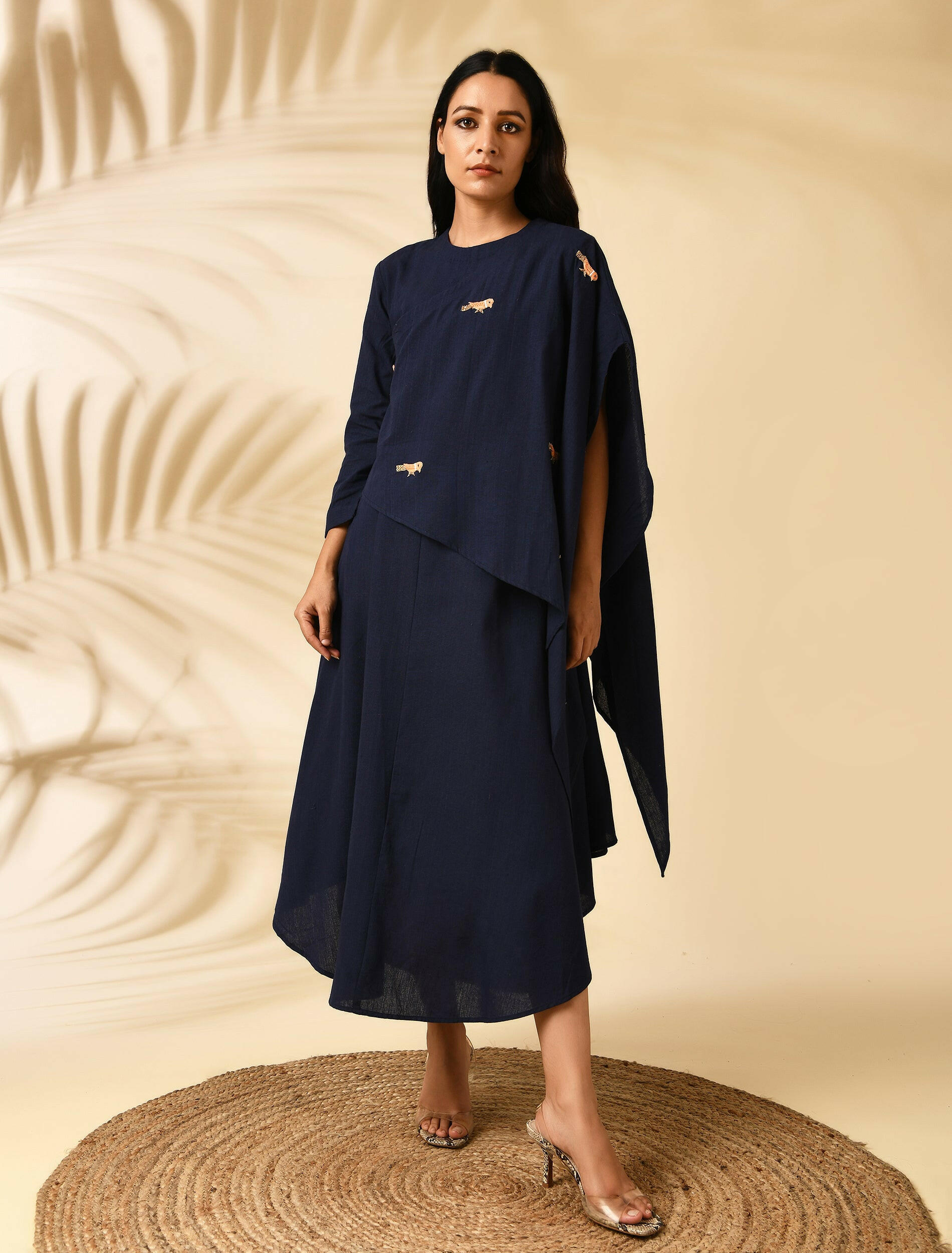 INDIGO CAPE DRESS (with bird motifs)