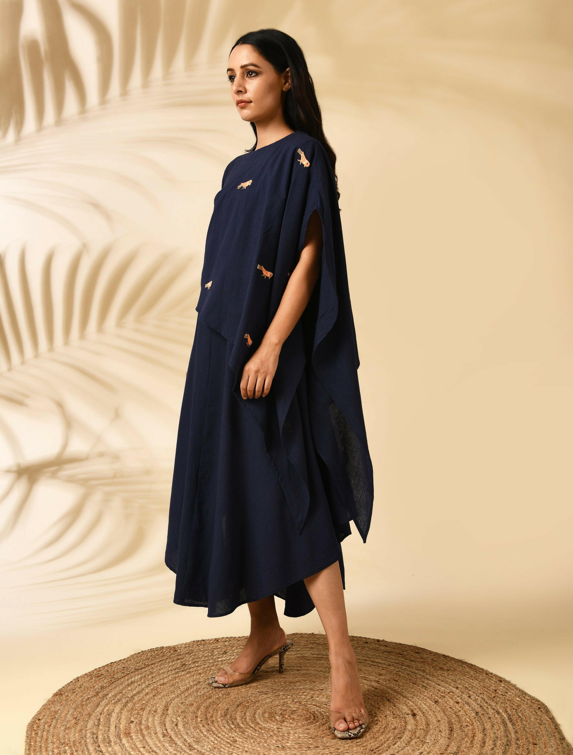 INDIGO CAPE DRESS (with bird motifs)